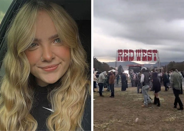 Blonde woman smiling next to a shot of a concert crowd under a sign that says Red West, relating to freak accidents and Final Destination.