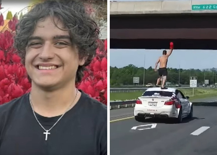 Smiling young man and a man on a car roof, a TikTok challenge that ended in fatality. Dangerous TikTok challenges.