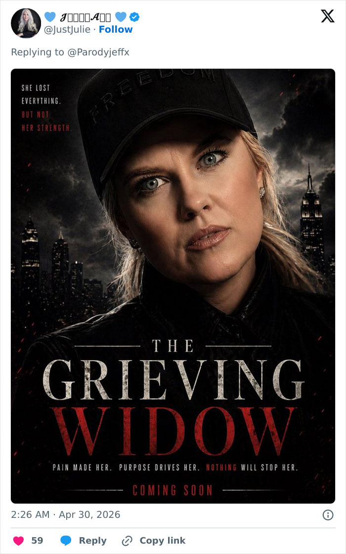 Movie poster for "The Grieving Widow," showing Erika Kirk. This controversial video sparked intense internet roasting.