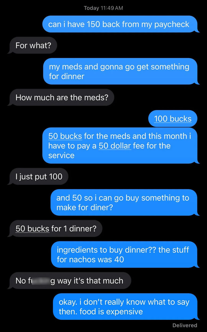 A text message conversation showing financial a***e in marriage, where one partner questions the other's need for money for essentials.