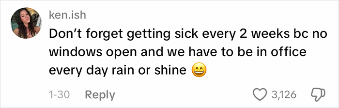 Screenshot of a social media comment complaining about office air and getting sick from lack of open windows at work.