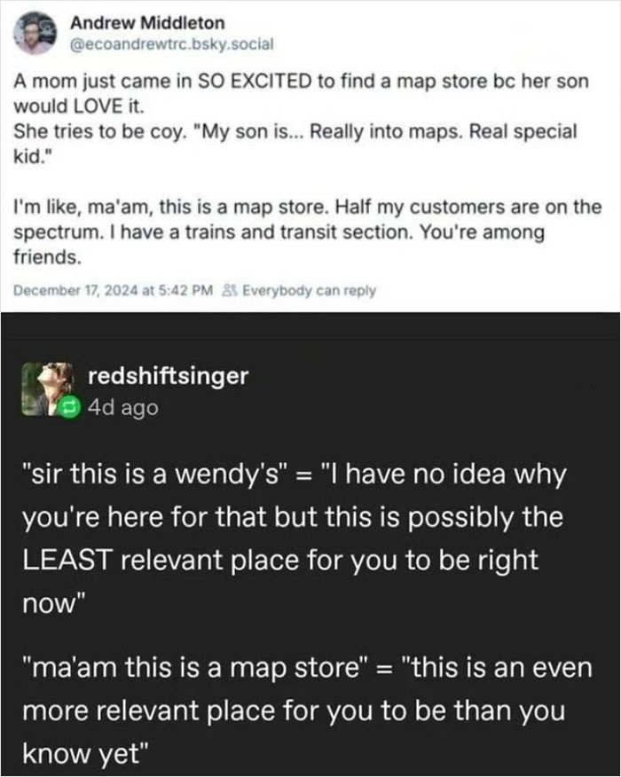 Screenshot of humorous text posts about a map store, illustrating relatable memes from people who gave up on life but not humor.