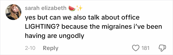 User comment about office lighting causing migraines, highlighting complaints related to office air and work environment.