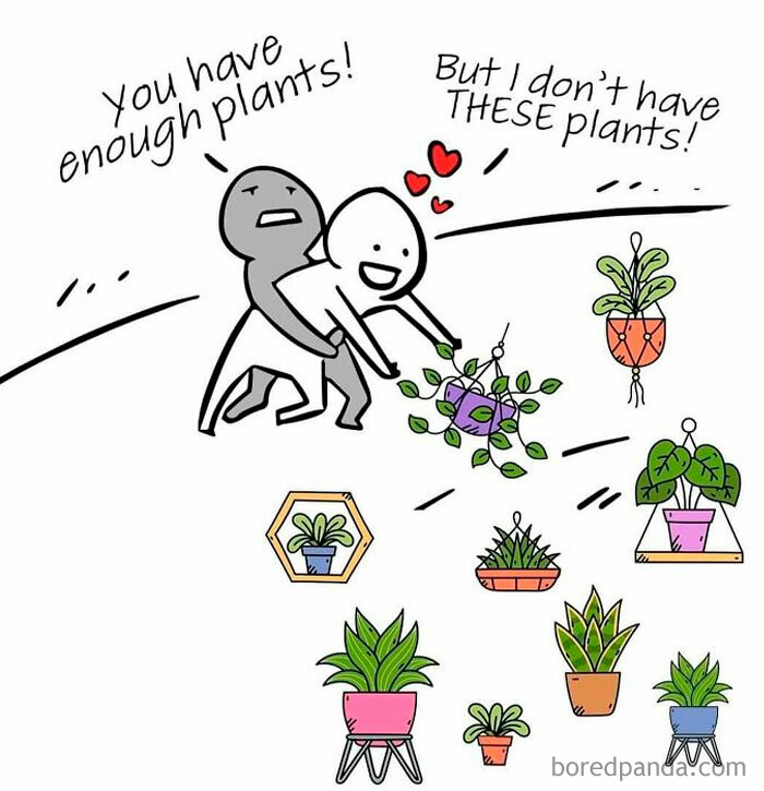 A funny meme of a crazy plant parent wanting more plants while being held back, showcasing various plants.
