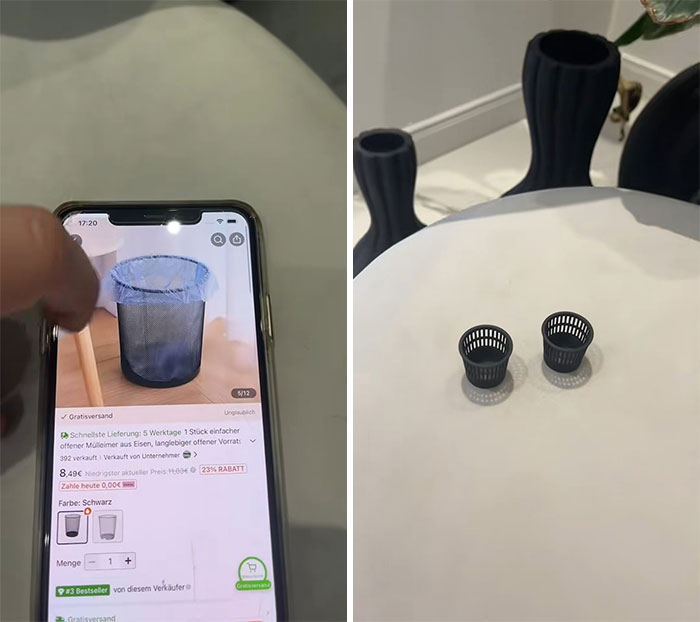 Person holding phone showing a trash can ordered from Temu next to two tiny trash cans on a table.
