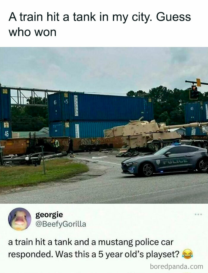 Unhinged meme showing a train hitting a tank with a police Mustang responding, creating a wild and funny scene.