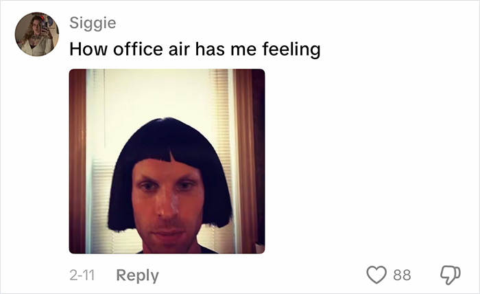 Person sharing a selfie feeling unattractive due to office air, highlighting complaints about office environment effects.
