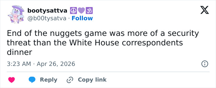 A Netizen's spicy post about a major security incident at White House dinner, comparing it to a basketball game's end.