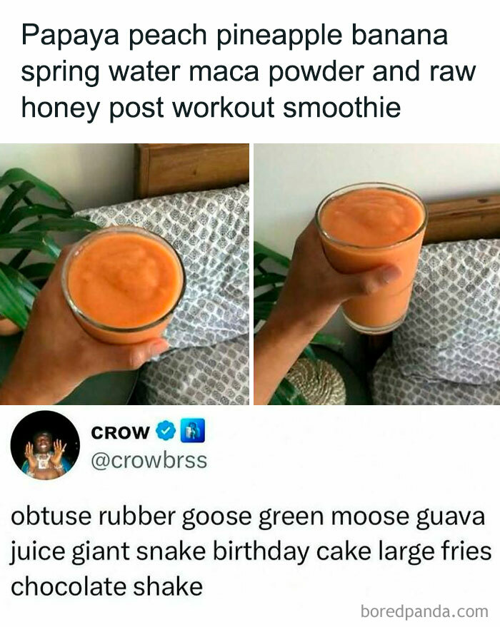 Hand holding a glass of orange smoothie with funny ingredient lists in a wild meme for lighthearted content and laughs.