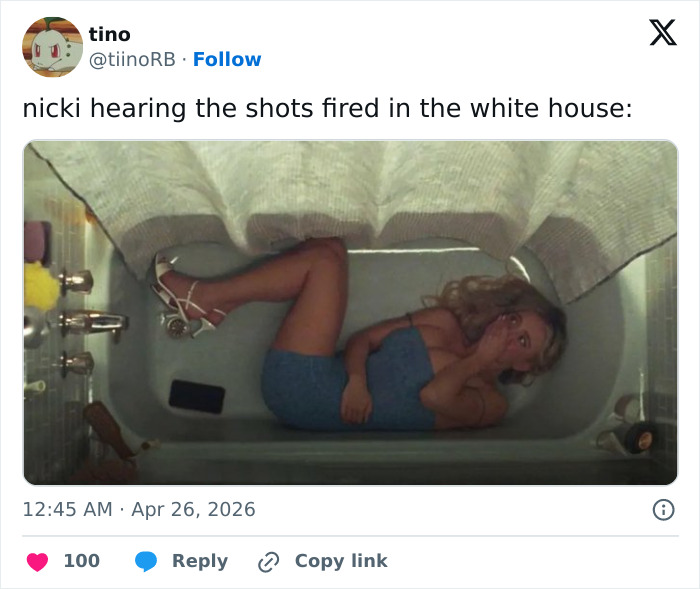 A woman in heels and a blue towel lies in a bathtub, covering her mouth in shock. This image is a spicy post about a White House security incident.