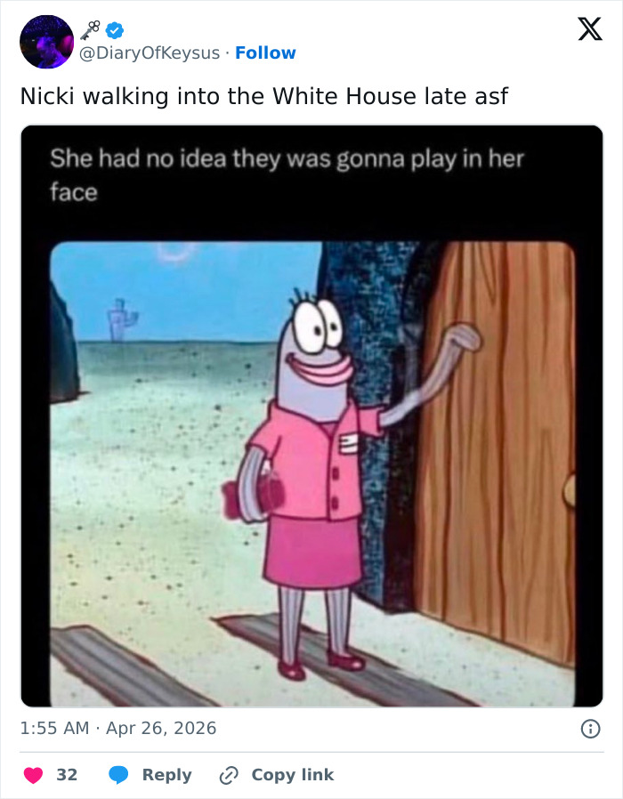A Twitter post shows a Spongebob character, Pearl, in a pink outfit, walking into a building. Caption relates to a White House dinner security incident.