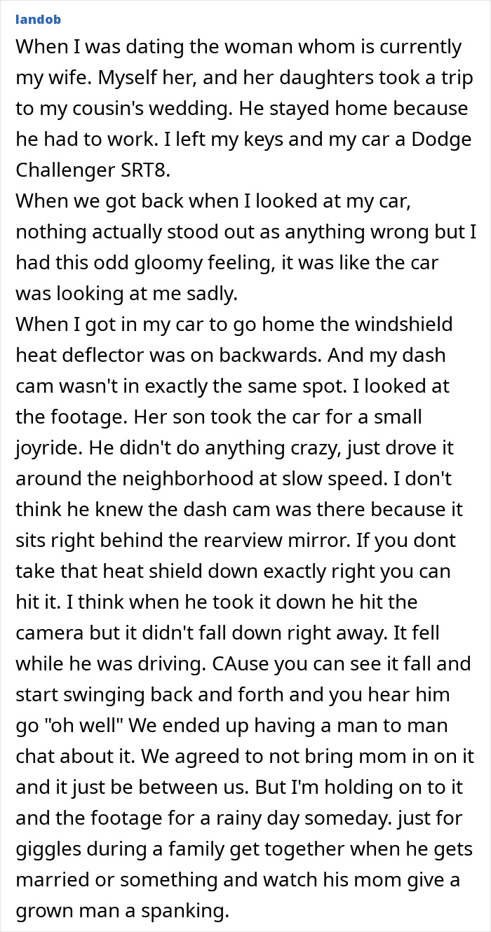 Dad and his kid sharing a secret joyride story while keeping it hidden from mom in a candid family moment.