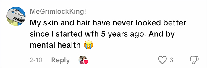 Comment about improved skin and hair after working from home, relating to complaints about office air affecting appearance.