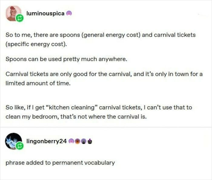 Text meme about spoons as general energy and carnival tickets as specific energy costs, from relatable life humor posts.