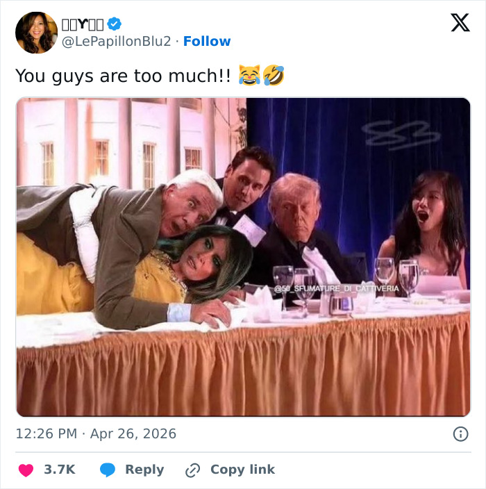 Humorous meme of a major security incident at White House dinner, featuring famous figures with spicy posts reactions.