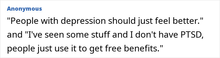 Text from an anonymous user sharing their shocking opinion about depression and PTSD, leaving the office in shock.