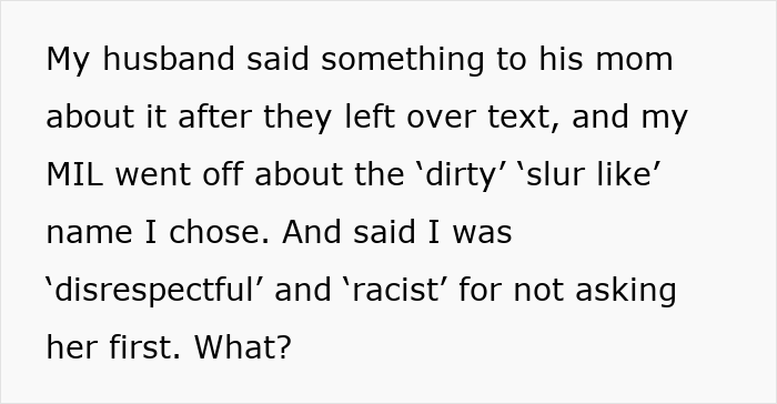 A white screenshot displays black text about a mother-in-law picking a messy fight over a baby name.