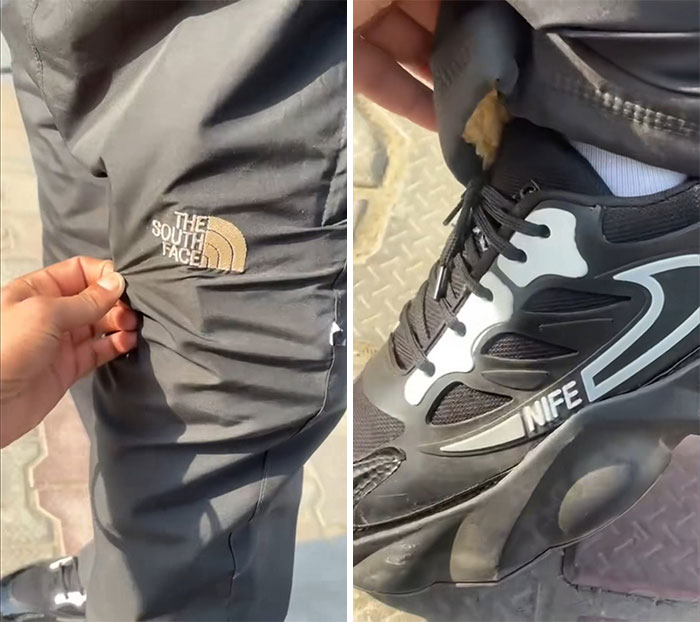 Person revealing a fake The North Face jacket and a misspelled Nife sneaker from a Temu order mishap.