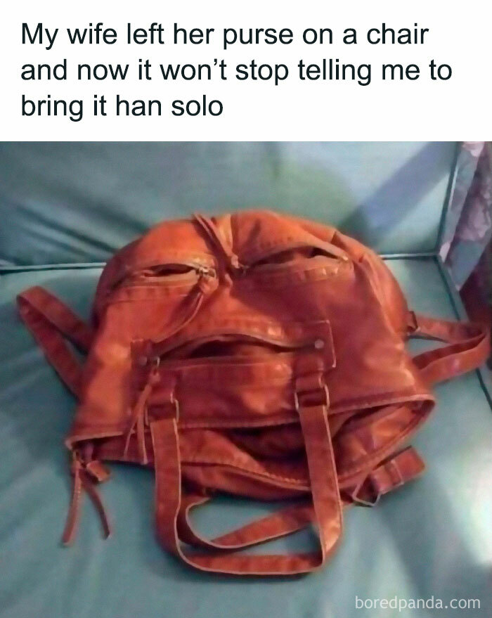 Brown purse on a chair with humorous “face” formed by zippers, part of unhinged and wild memes collection.