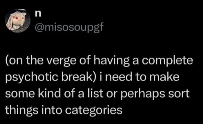 Relatable meme text about being on the verge of a psychotic break, showing humor in life struggles.