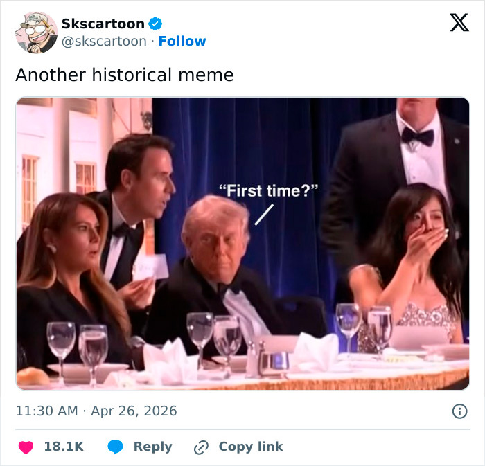 A security incident at a White House dinner, with guests reacting, one covering her mouth, and another saying "First time?".