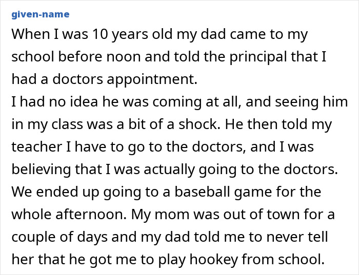 Alt text: A dad and child secretly playing hooky from school while the mom is out of town, illustrating secrets dads and kids keep.