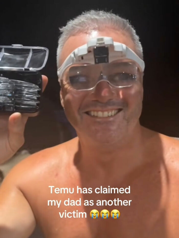 Man smiling and holding a small item while wearing magnifying glasses, illustrating Temu ordering experience lesson.