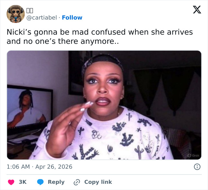 A woman with a confused expression gestures with her hand. This tweet suggests confusion, reacting to a security incident.