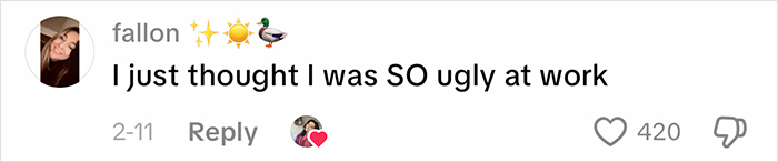 Social media comment complaining about feeling ugly at work due to office air with user profile picture and engagement icons.