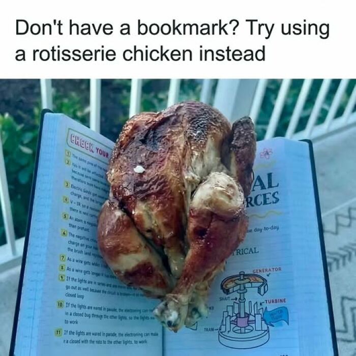 Rotisserie chicken used as a humorous bookmark in a food meme delivering quick chuckles about everyday life.