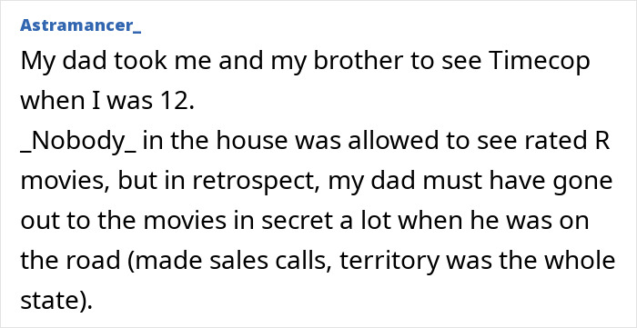 Text post sharing a dad and kids' secret about watching rated R movies, highlighting secrets dads and their kids keep from moms.