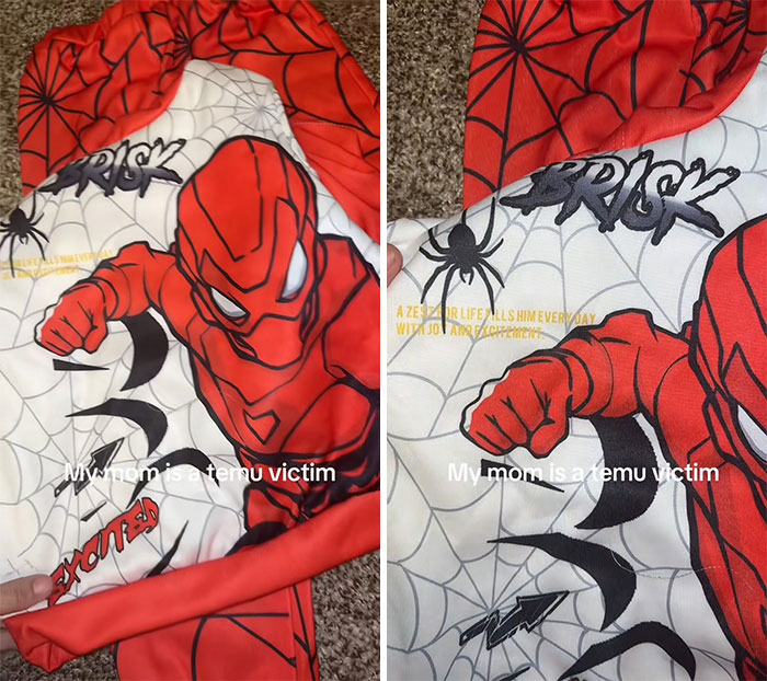 Red and white spider-themed hoodie with a superhero print and spiderweb design ordered from Temu, showing color and quality issues.