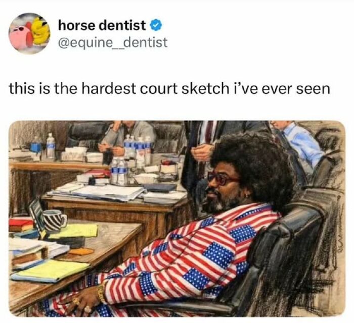 Tweet showing a humorous court sketch of a man in an American flag suit, perfect for funny tweets for those who don’t use X.