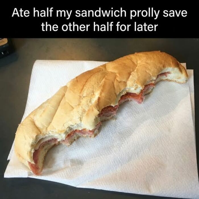 Partially eaten sandwich on a napkin with humorous caption, showcasing food memes for quick chuckles.