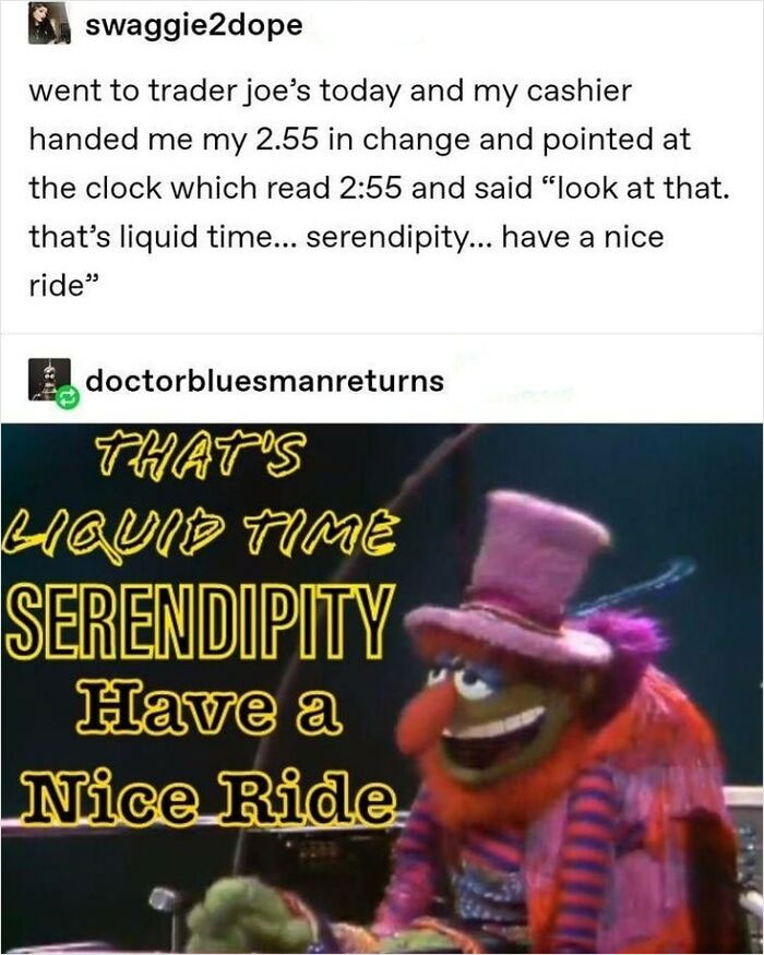 Meme featuring a humorous Trader Joe’s cashier moment with text about liquid time and serendipity humor.