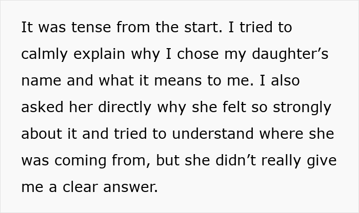 Text from a post detailing a tense family dinner argument over a baby name, highlighting MIL control issues.