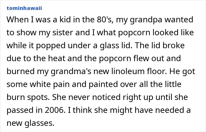 Text post about a childhood memory involving popcorn, a broken glass lid, and a secret repair on linoleum floor, dads and kids secrets.