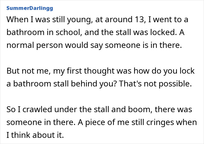 A screenshot of a text recounting an embarrassing moment of crawling under a locked bathroom stall. Devastatingly Embarrassing Moments.