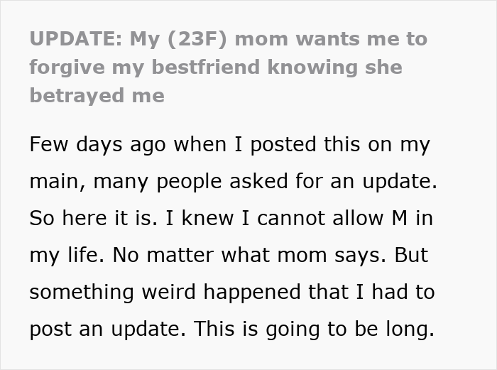 Text post update about a mom pushing daughter to forgive best friend after a betrayal involving a boy.