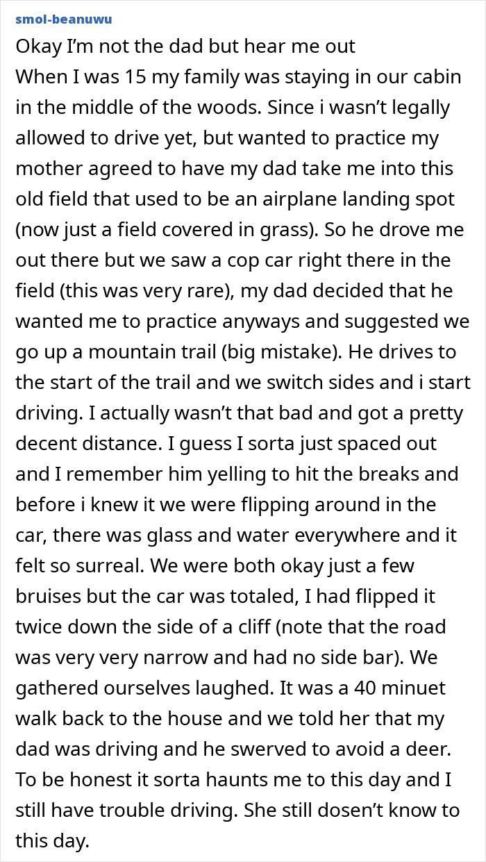 A dad and child secretly practicing driving on a dangerous mountain trail after hiding the truth from mom.
