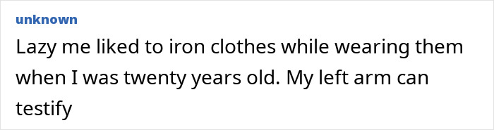 Screenshot of a personal story describing a stupid injury involving ironing clothes while wearing them.