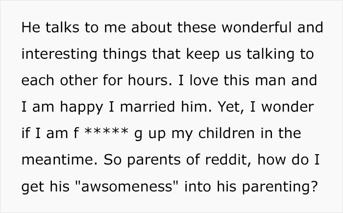Text excerpt showing a mom wondering how to bring her husband's awesomeness into his parenting with their kids.