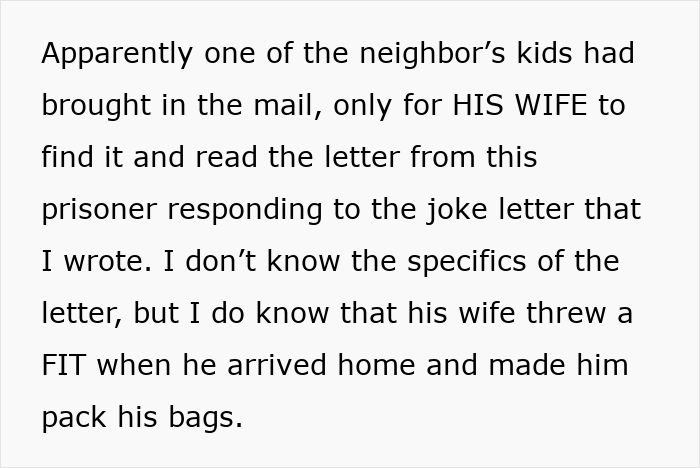 Text excerpt explaining a 20-year-old writing to a prisoner pen pal on behalf of a rude neighbor, causing his wife to fume.