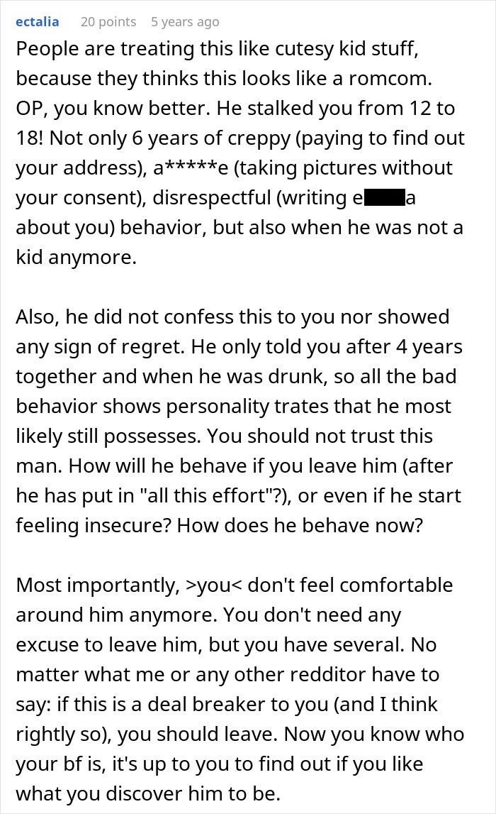 Reddit comment discussing a man's creepy confession and its impact on his girlfriend's trust in their relationship.