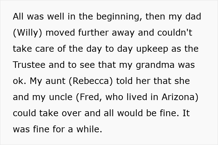 Text excerpt describing family caretaking issues related to lady ripping off mom and resulting bankruptcy with $420K penalties.