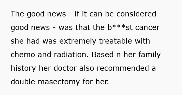 Text excerpt from cancer story about treatable breast cancer, chemo, radiation, and doctor-recommended double mastectomy