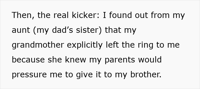 Text excerpt about brother demanding sister&rsquo;s heirloom ring for proposal, highlighting conflict over cherished family ring.
