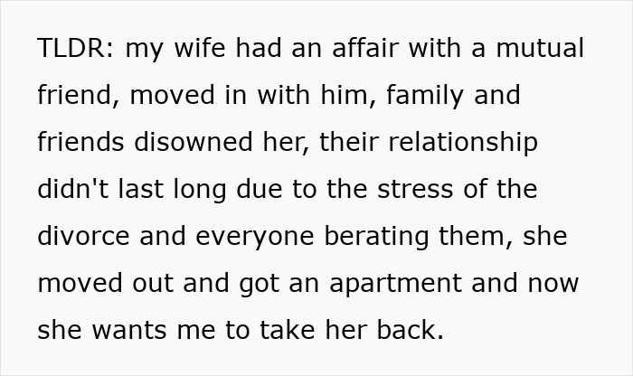 A text snippet describing a woman's affair, subsequent divorce, and her attempt to beg her husband to cancel the divorce.