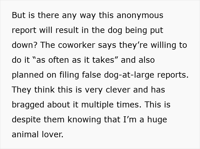 Anonymous report about dog revenge plan by cheater lady, animal-lover coworker challenges false dog-at-large claims.