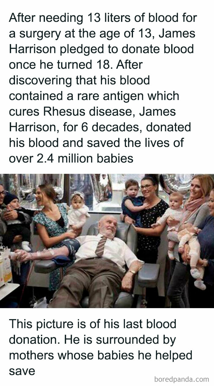 Man donating blood surrounded by mothers and babies in a heartwarming wholesome story about saving lives.